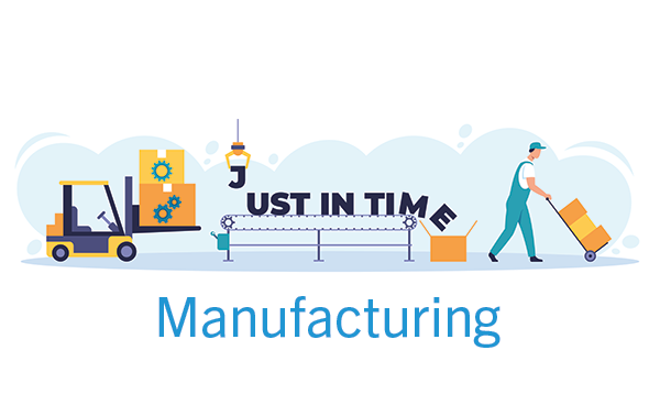 Illustration of just-in-time manufacturing with a worker, forklift, and assembly line.