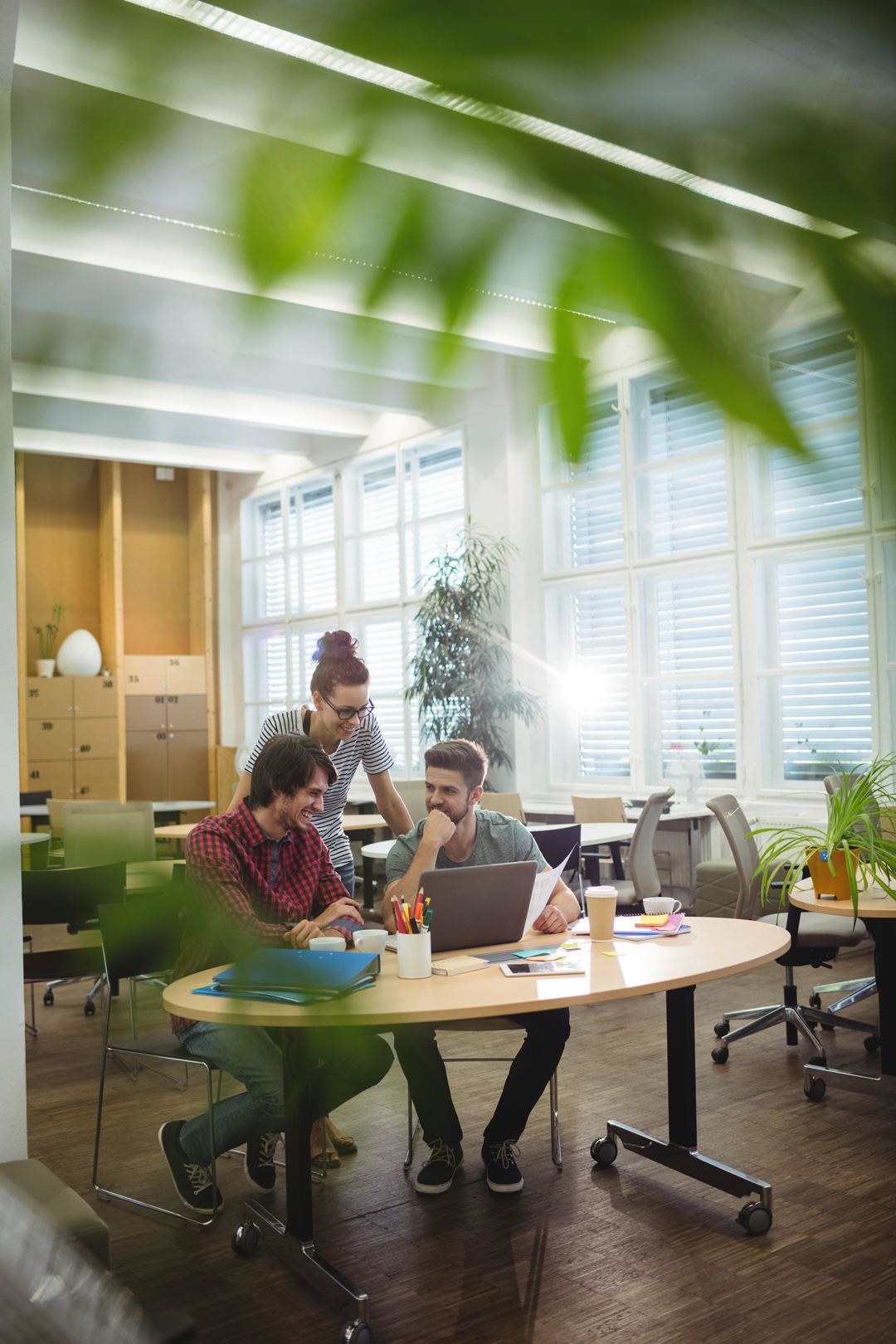 Team collaborating in a bright modern office with plants, working on a laptop around a round table.