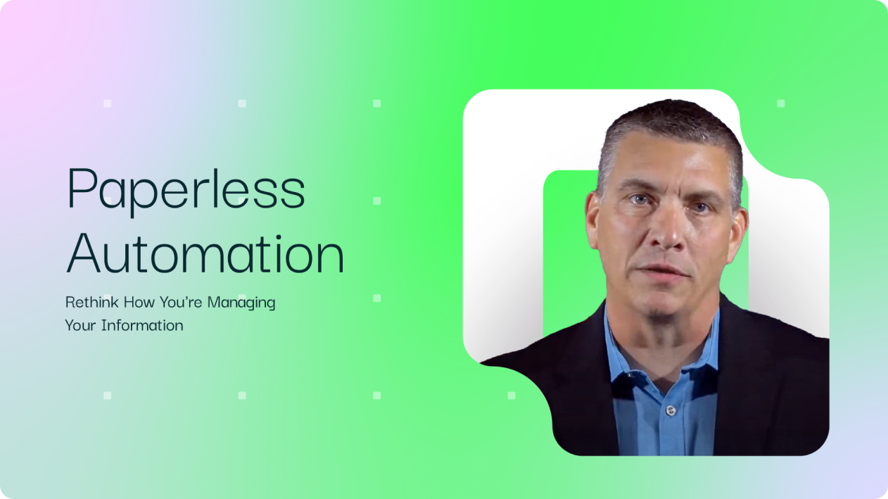 Paperless Automation graphic showing a man on a gradient background