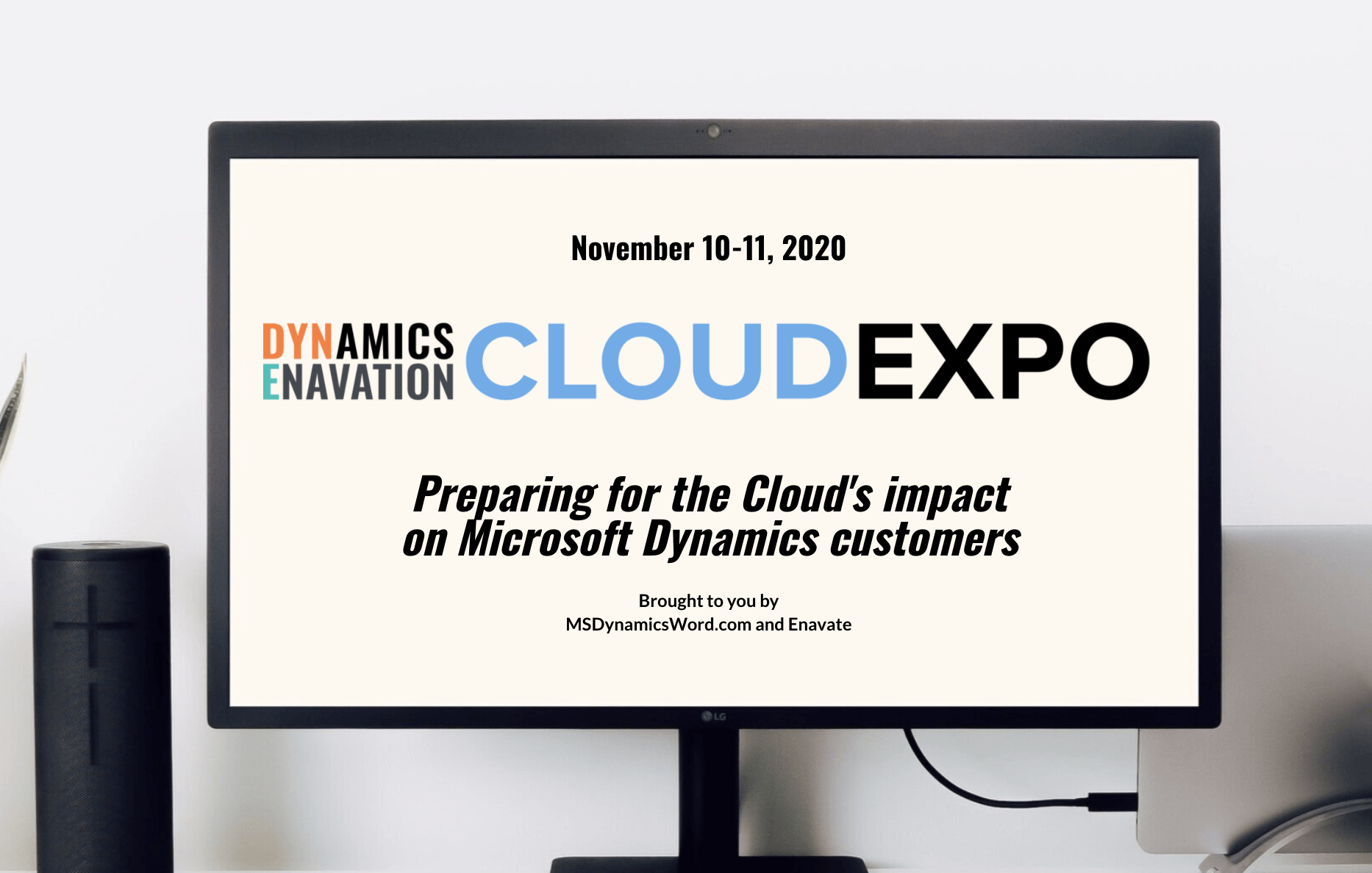 Monitor displaying Dynamics Enavation Cloud Expo details, Nov 10-11, 2020, for Microsoft Dynamics users.