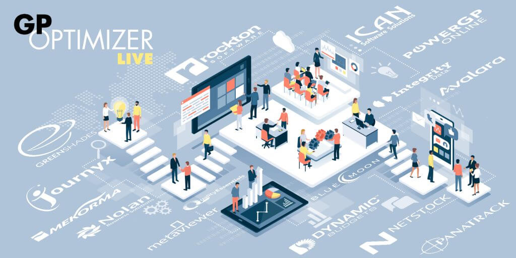 Illustration of GP Optimizer Live event with people collaborating and logos of participating companies in a digital setting.