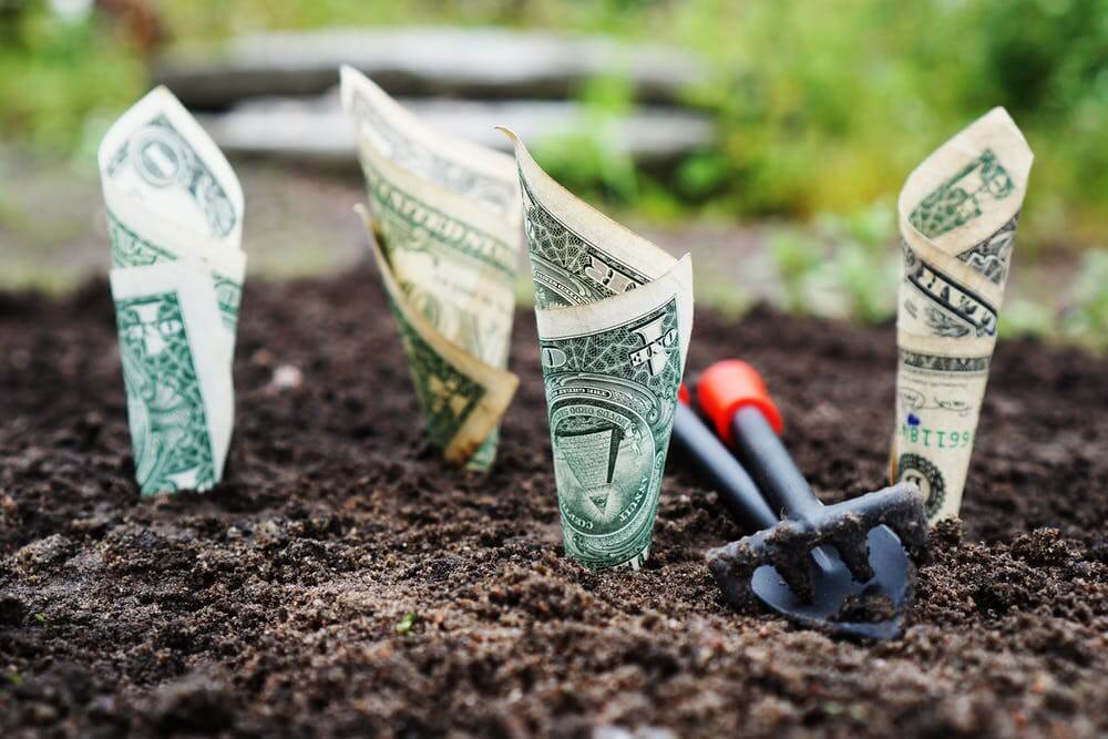 Dollar bills planted in soil with a small gardening spade nearby, representing financial growth or investment.