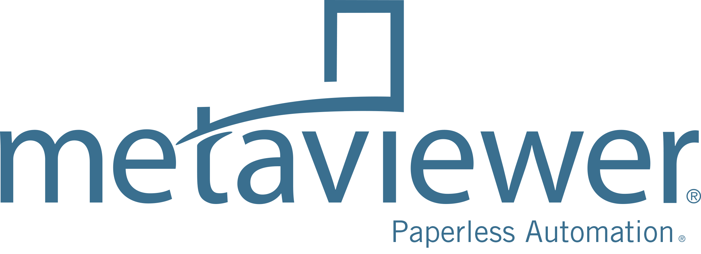 Logo of MetaViewer with text Paperless Automation in blue.