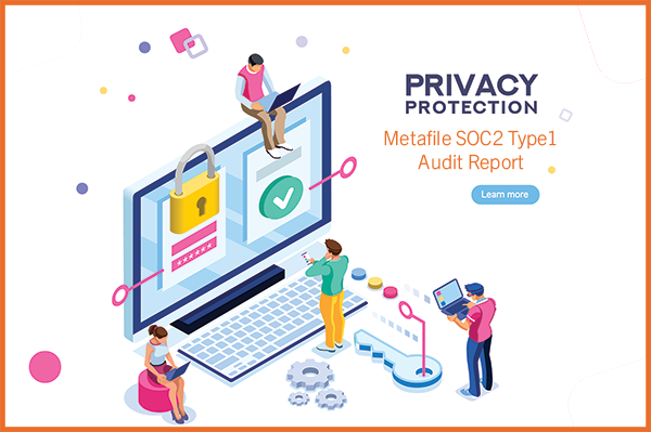 Illustration of people ensuring data privacy with SOC2 Type1 audit on a computer. Secure cloud storage and encryption.