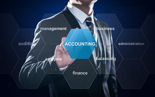 Businessman interacting with virtual accounting interface highlighting management, finance, and auditing concepts.