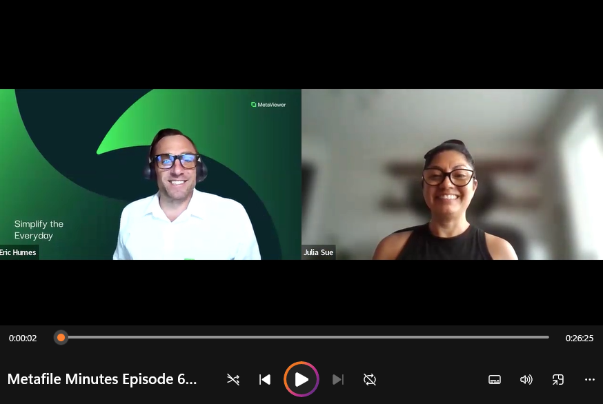 Two people smiling during a video call for Metafile Minutes podcast episode 6.