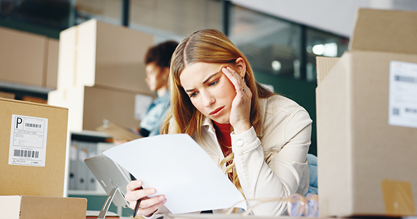 Woman reviewing documents amid cardboard boxes in an office, appearing concerned.
