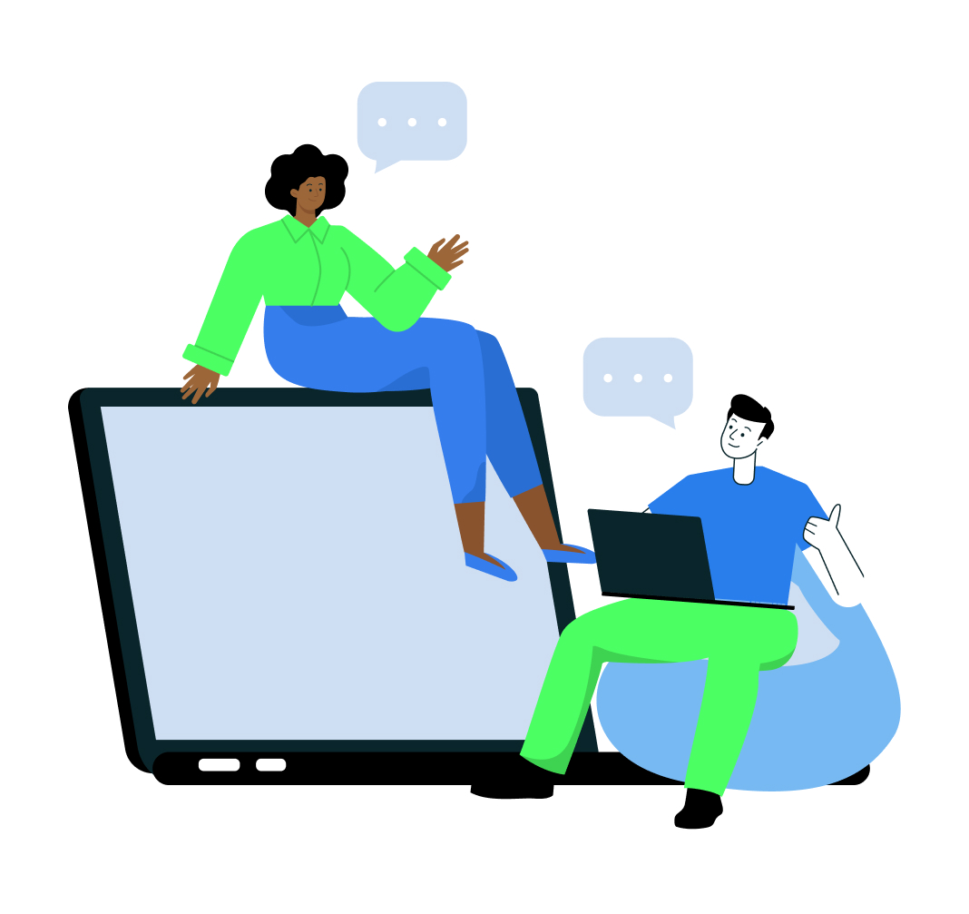 Two people having a conversation, one on a tablet and another on a laptop, with speech bubbles.