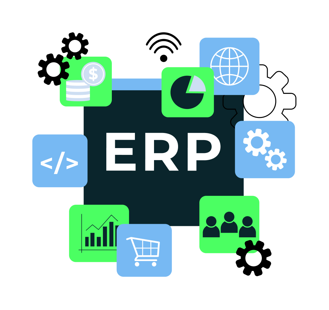 ERP concept illustration with gears, charts, and icons representing integration and efficiency.