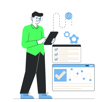 Person using a tablet next to web development icons and charts, symbolizing data analysis and tech innovation.