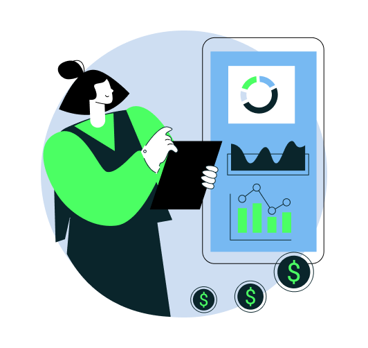 Illustration of a person analyzing financial data on a chart-filled screen, with dollar signs symbolizing profit growth.