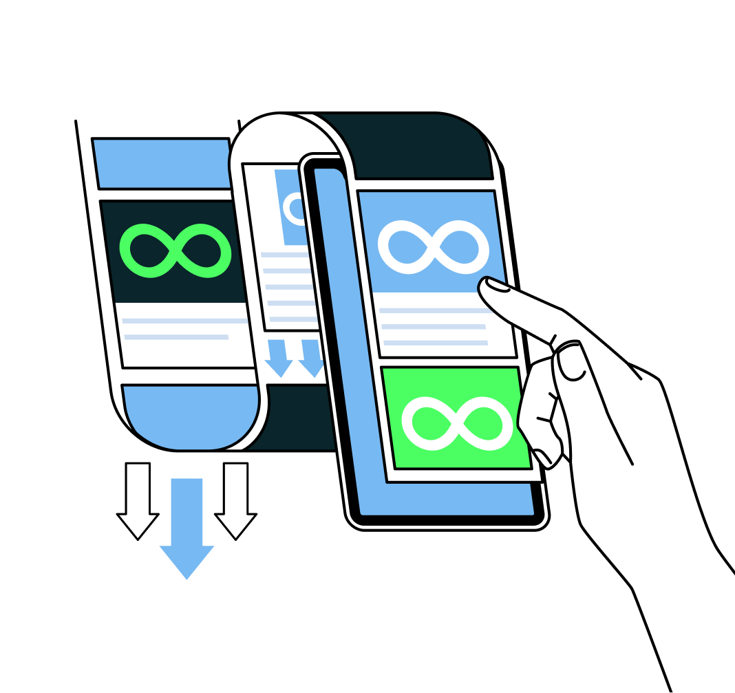 Hand swiping infinite scrolling on a smartphone screen, illustrating continuous content feed.