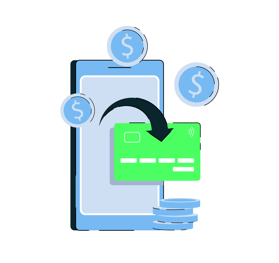 Digital payment illustration: smartphone with coins and a credit card, symbolizing online transactions.