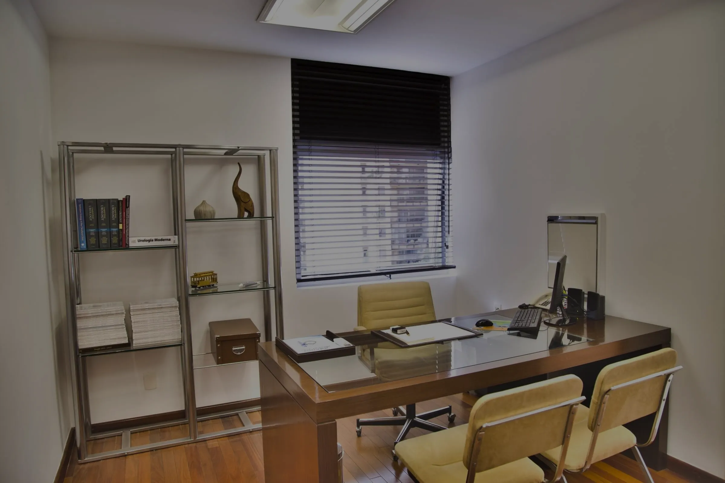 Modern office with a wooden desk, computer, bookshelves, and chairs, featuring a window with blinds.