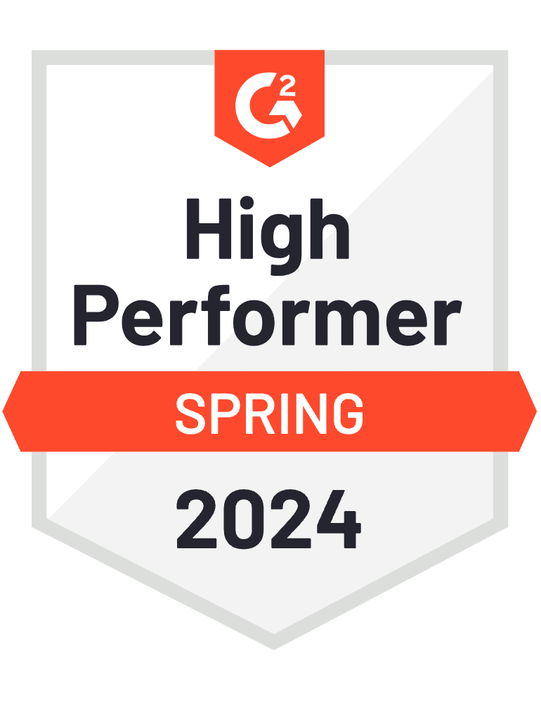 G2 2024 Spring High Performer badge, showcasing excellence in performance and customer satisfaction.