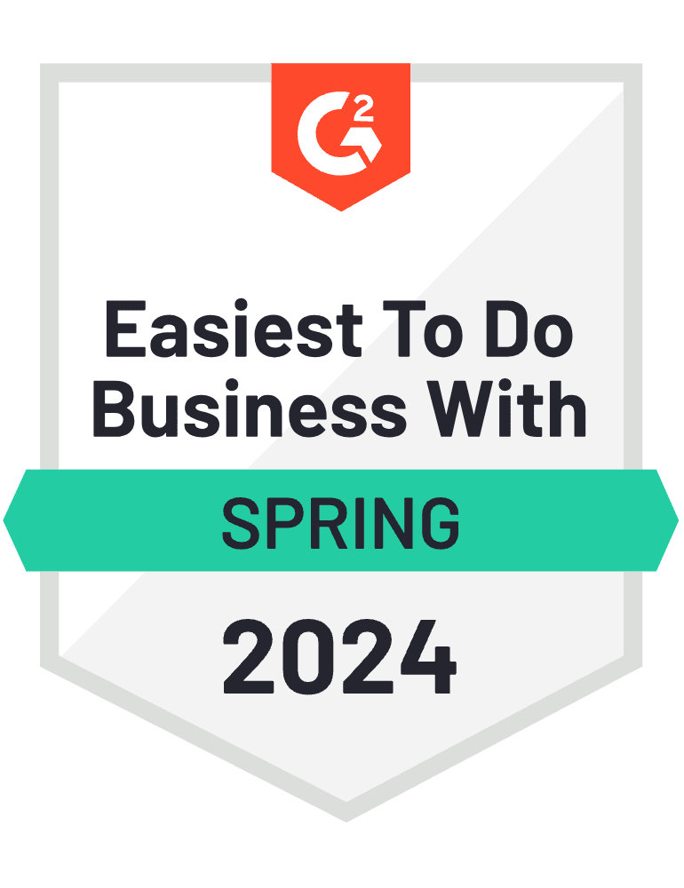 G2 Spring 2024 badge for 'Easiest To Do Business With', featuring bold text on a white background with a red icon.
